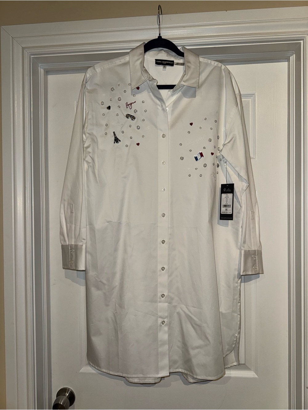 Karl Lagerfeld White Oversized Button-Front Shirtdress with Metallic Studs